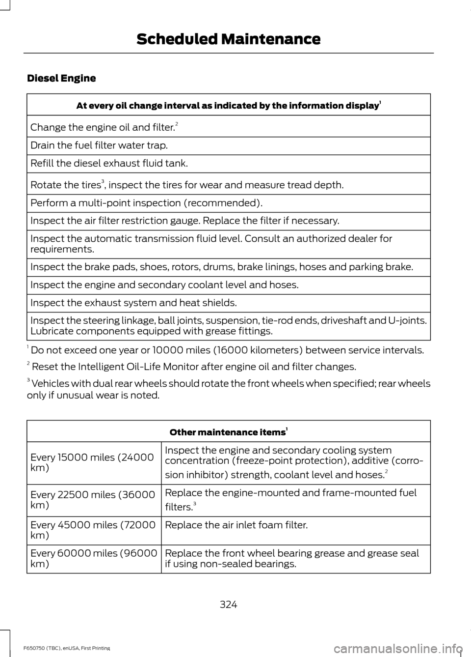 FORD F750 2016 13.G Owners Manual Diesel Engine
At every oil change interval as indicated by the information display
1
Change the engine oil and filter. 2
Drain the fuel filter water trap.
Refill the diesel exhaust fluid tank.
Rotate FORD F750 2016 13.G Owners Manual Diesel Engine
At every oil change interval as indicated by the information display
1
Change the engine oil and filter. 2
Drain the fuel filter water trap.
Refill the diesel exhaust fluid tank.
Rotate