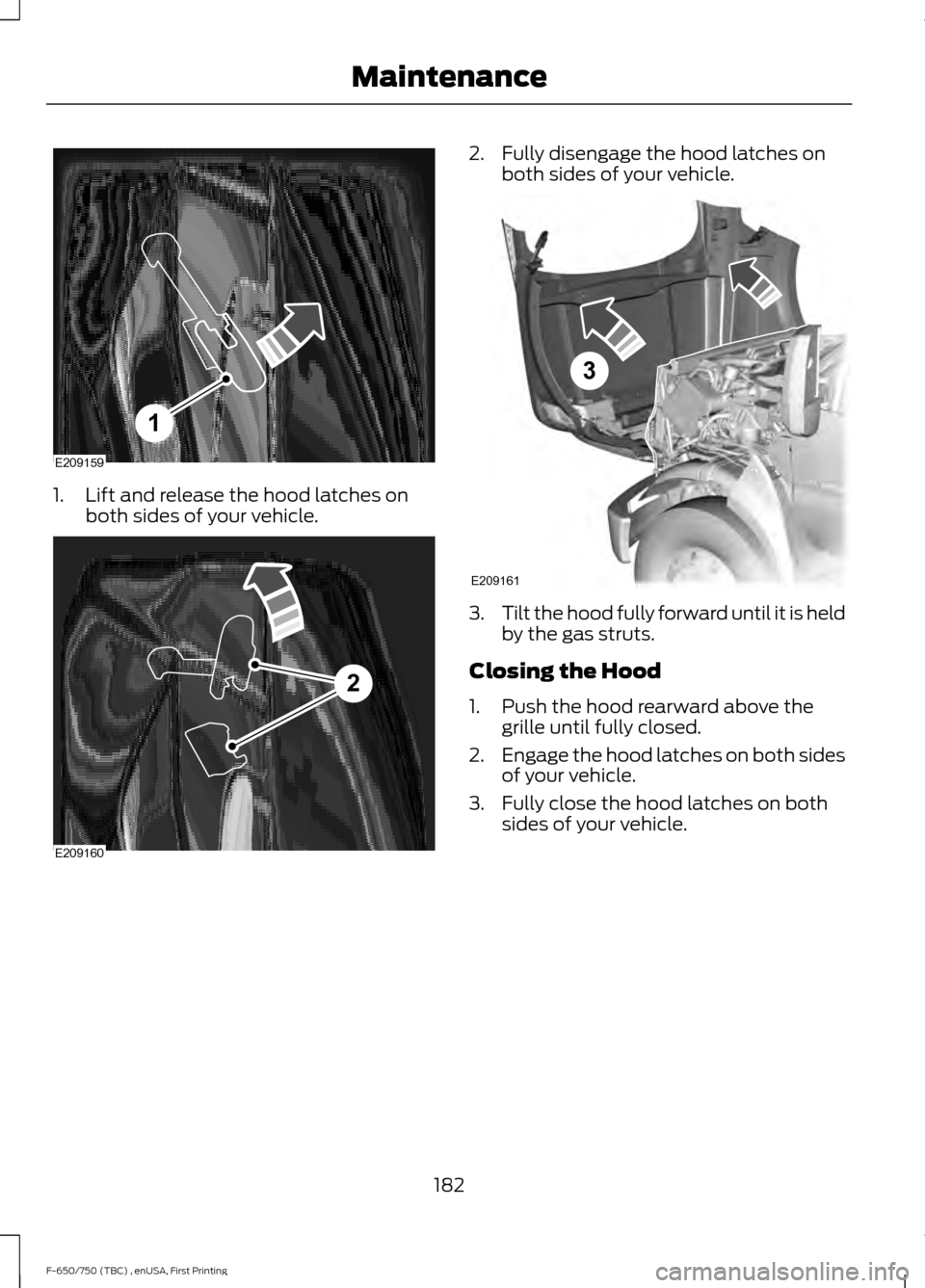 FORD F750 2017 13.G Owners Manual 1. Lift and release the hood latches on
both sides of your vehicle. 2. Fully disengage the hood latches on
both sides of your vehicle. 3.
Tilt the hood fully forward until it is held
by the gas struts