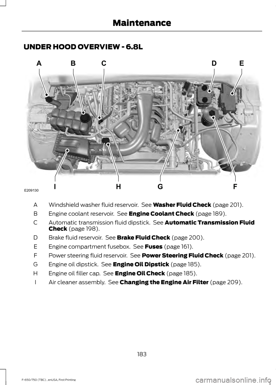 FORD F750 2017 13.G Owners Manual UNDER HOOD OVERVIEW - 6.8L
Windshield washer fluid reservoir.  See Washer Fluid Check (page 201).
A
Engine coolant reservoir.  See 
Engine Coolant Check (page 189).
B
Automatic transmission fluid dips