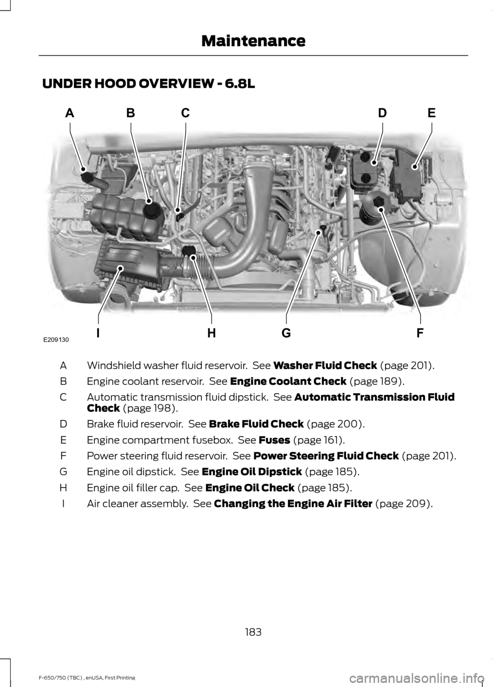 FORD F650 2017 13.G Owners Manual UNDER HOOD OVERVIEW - 6.8L
Windshield washer fluid reservoir.  See Washer Fluid Check (page 201).
A
Engine coolant reservoir.  See 
Engine Coolant Check (page 189).
B
Automatic transmission fluid dips