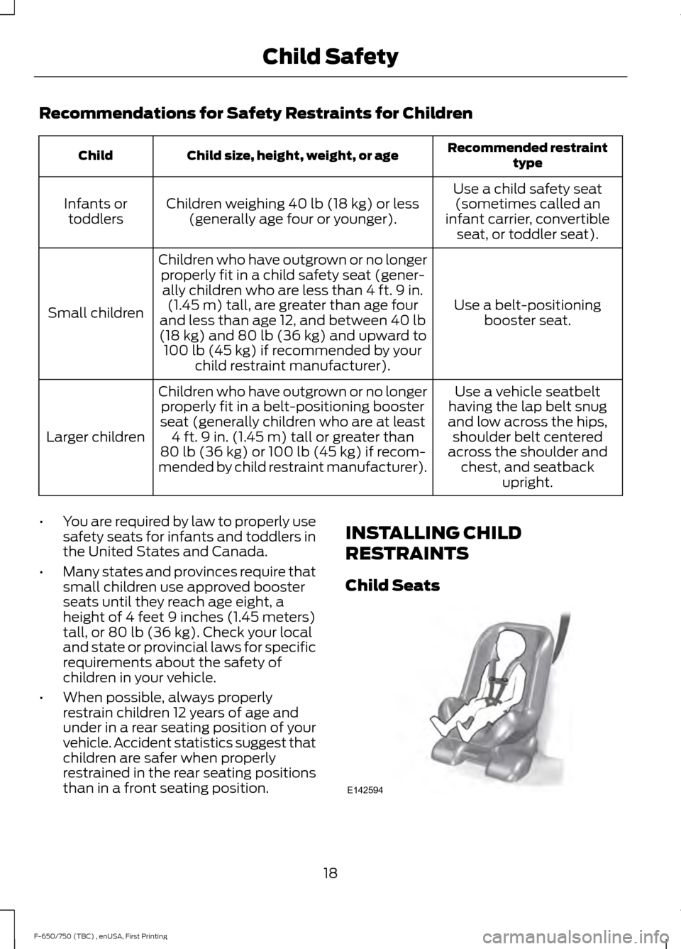 FORD F650 2017 13.G Owners Manual Recommendations for Safety Restraints for Children
Recommended restraint
type
Child size, height, weight, or age
Child
Use a child safety seat(sometimes called an
infant carrier, convertible seat, or 