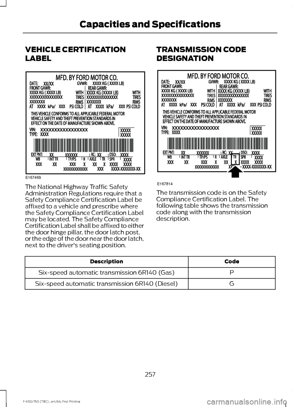 FORD F750 2017 13.G Owners Manual VEHICLE CERTIFICATION
LABEL
The National Highway Traffic Safety
Administration Regulations require that a
Safety Compliance Certification Label be
affixed to a vehicle and prescribe where
the Safety C