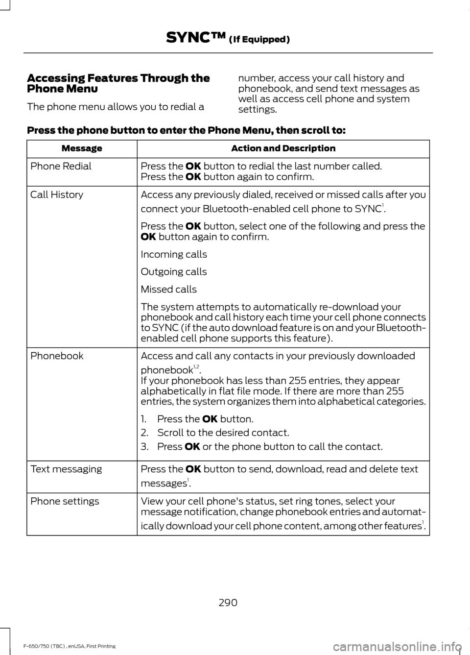 FORD F750 2017 13.G Owners Manual Accessing Features Through the
Phone Menu
The phone menu allows you to redial a
number, access your call history and
phonebook, and send text messages as
well as access cell phone and system
settings. FORD F750 2017 13.G Owners Manual Accessing Features Through the
Phone Menu
The phone menu allows you to redial a
number, access your call history and
phonebook, and send text messages as
well as access cell phone and system
settings.