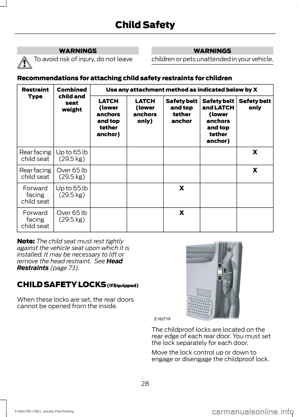FORD F750 2017 13.G Owners Guide WARNINGS
To avoid risk of injury, do not leave WARNINGS
children or pets unattended in your vehicle. Recommendations for attaching child safety restraints for children
Use any attachment method as ind FORD F750 2017 13.G Owners Guide WARNINGS
To avoid risk of injury, do not leave WARNINGS
children or pets unattended in your vehicle. Recommendations for attaching child safety restraints for children
Use any attachment method as ind