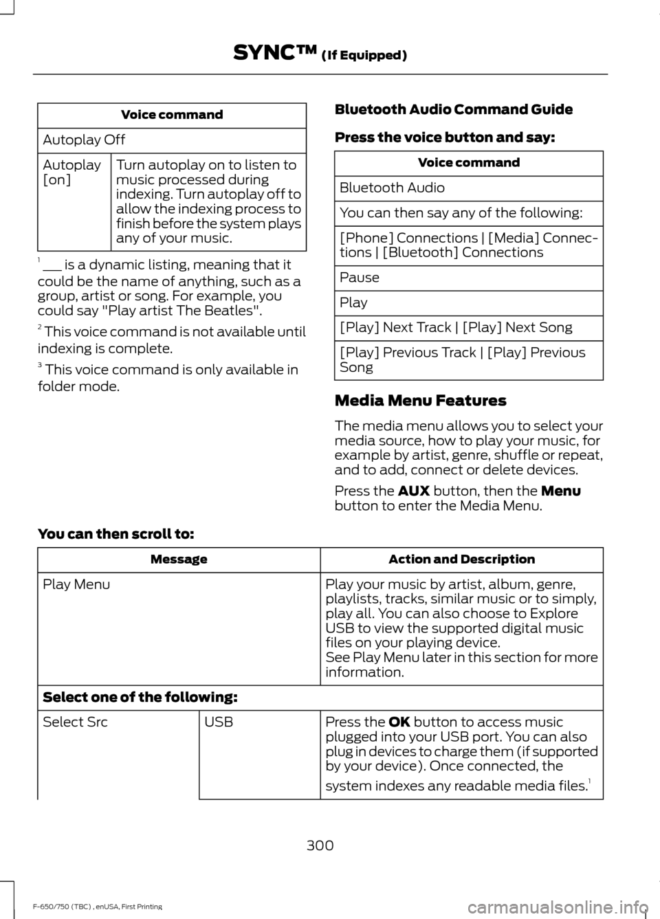 FORD F650 2017 13.G Owners Manual Voice command
Autoplay Off Turn autoplay on to listen to
music processed during
indexing. Turn autoplay off to
allow the indexing process to
finish before the system plays
any of your music.
Autoplay
