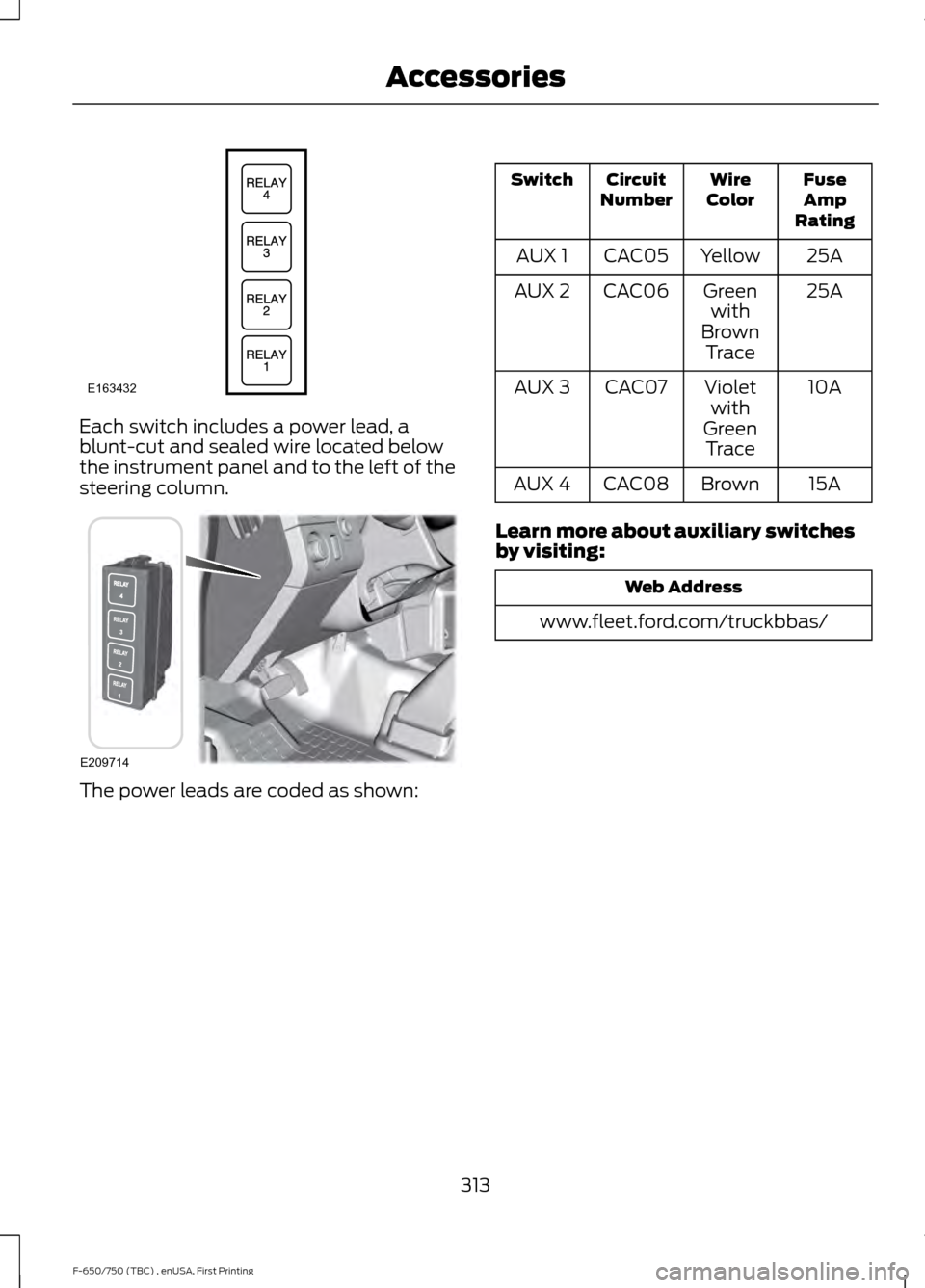 FORD F750 2017 13.G Owners Manual Each switch includes a power lead, a
blunt-cut and sealed wire located below
the instrument panel and to the left of the
steering column.
The power leads are coded as shown: Fuse
Amp
Rating
Wire
Color FORD F750 2017 13.G Owners Manual Each switch includes a power lead, a
blunt-cut and sealed wire located below
the instrument panel and to the left of the
steering column.
The power leads are coded as shown: Fuse
Amp
Rating
Wire
Color
