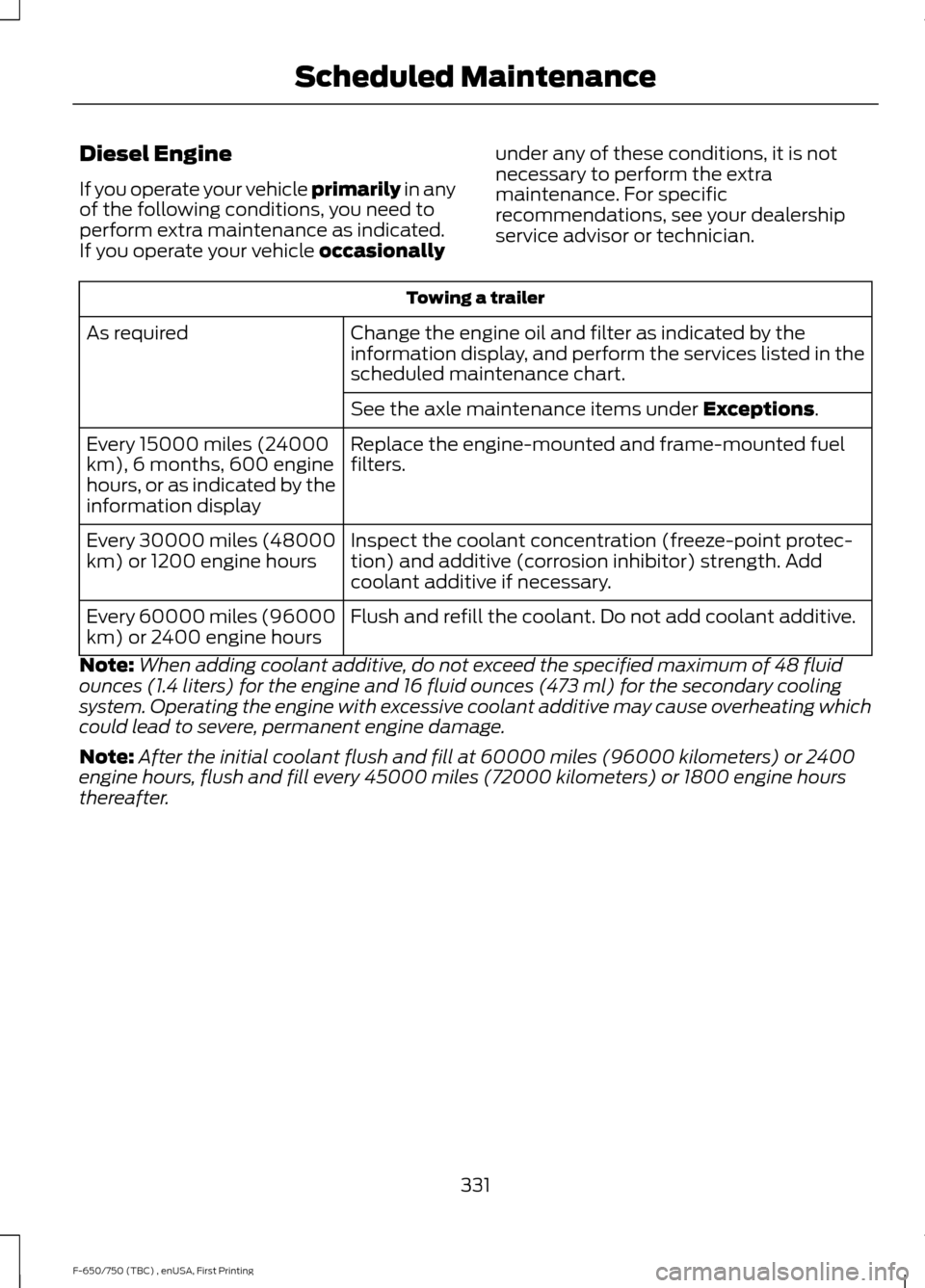 FORD F650 2017 13.G Owners Manual Diesel Engine
If you operate your vehicle primarily in any
of the following conditions, you need to
perform extra maintenance as indicated.
If you operate your vehicle 
occasionally under any of these