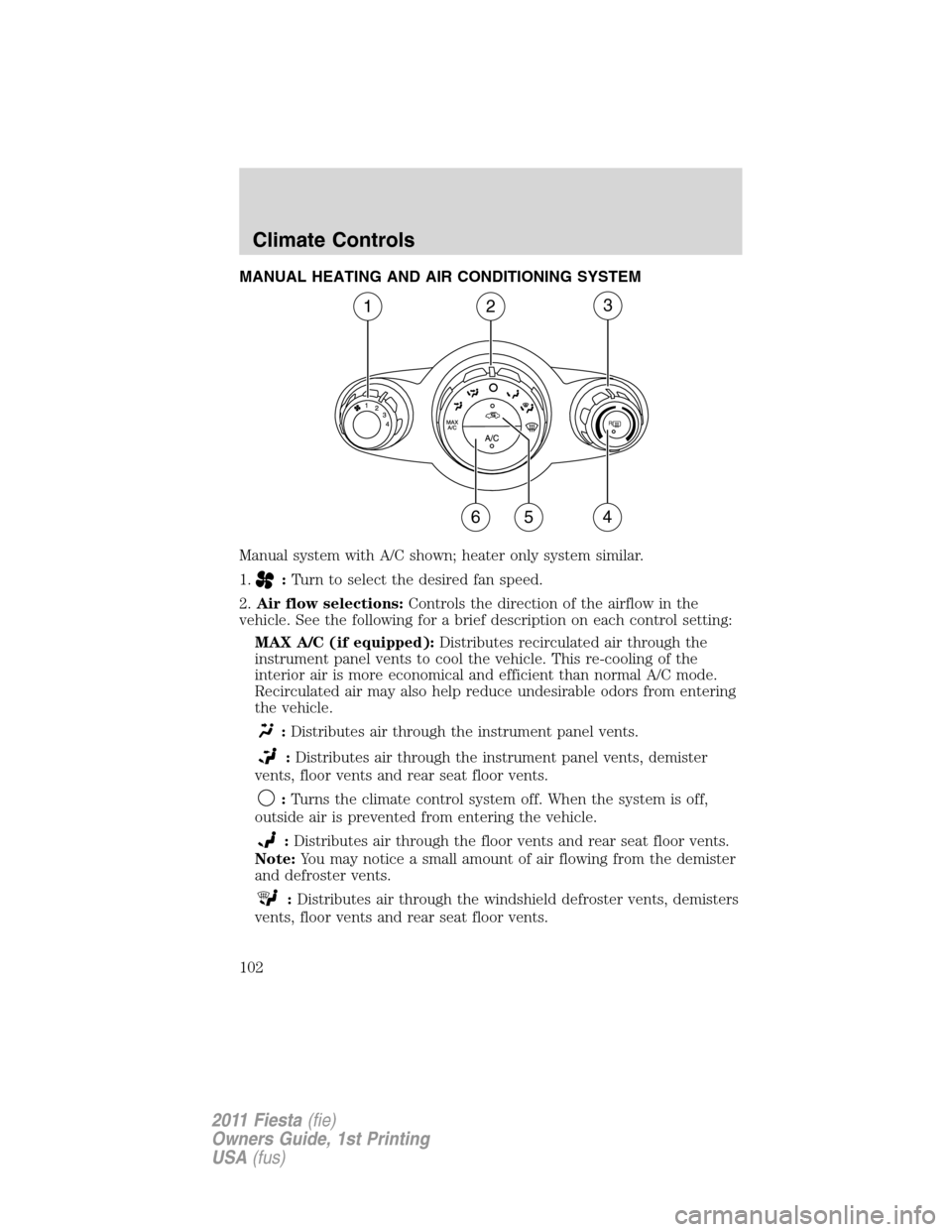 FORD FIESTA 2011 6.G Owners Manual MANUAL HEATING AND AIR CONDITIONING SYSTEM
Manual system with A/C shown; heater only system similar.
1.
:Turn to select the desired fan speed.
2.Air flow selections:Controls the direction of the airfl