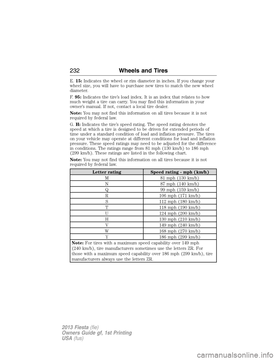 FORD FIESTA 2013 7.G Owners Manual E.15:Indicates the wheel or rim diameter in inches. If you change your
wheel size, you will have to purchase new tires to match the new wheel
diameter.
F.95:Indicates the tire’s load index. It is an