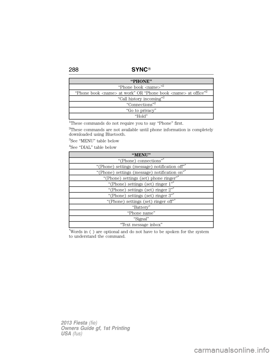 FORD FIESTA 2013 7.G Owners Manual “PHONE”
“Phone book <name>”2
“Phone book <name> at work” OR “Phone book <name> at office”2
“Call history incoming”2
“Connections”2
“Go to privacy”
“Hold”
1These command