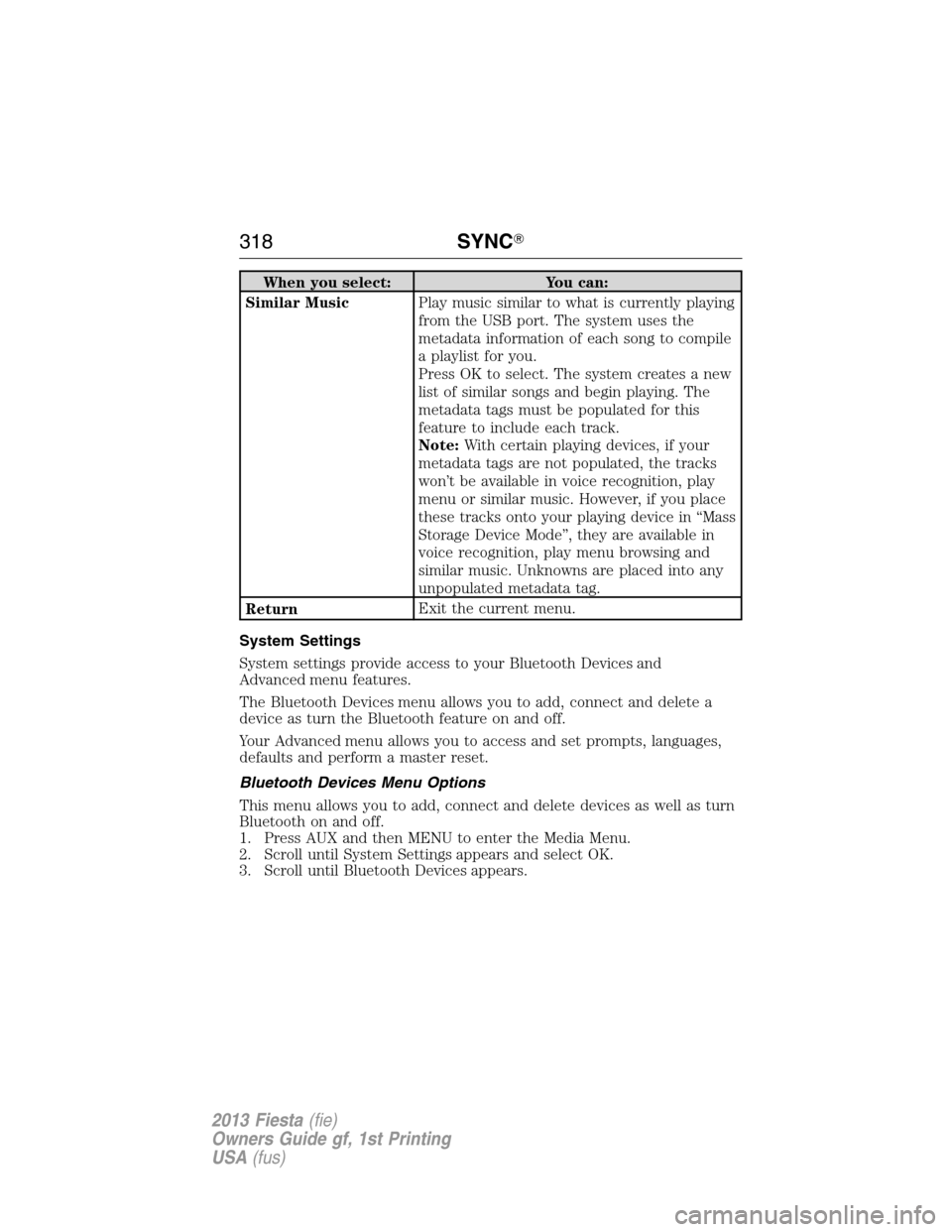 FORD FIESTA 2013 7.G Owners Manual When you select: You can:
Similar MusicPlay music similar to what is currently playing
from the USB port. The system uses the
metadata information of each song to compile
a playlist for you.
Press OK 