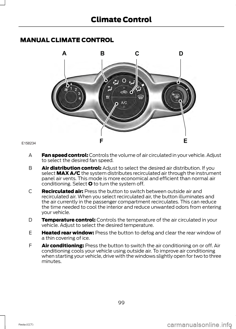 FORD FIESTA 2014 6.G Owners Manual MANUAL CLIMATE CONTROL
Fan speed control: Controls the volume of air circulated in your vehicle. Adjust
to select the desired fan speed.
A
Air distribution control:
 Adjust to select the desired air d