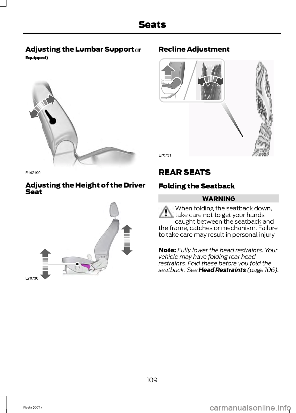 FORD FIESTA 2014 6.G Owners Manual Adjusting the Lumbar Support (If
Equipped) Adjusting the Height of the Driver
Seat Recline Adjustment
REAR SEATS
Folding the Seatback
WARNING
When folding the seatback down,
take care not to get your FORD FIESTA 2014 6.G Owners Manual Adjusting the Lumbar Support (If
Equipped) Adjusting the Height of the Driver
Seat Recline Adjustment
REAR SEATS
Folding the Seatback
WARNING
When folding the seatback down,
take care not to get your