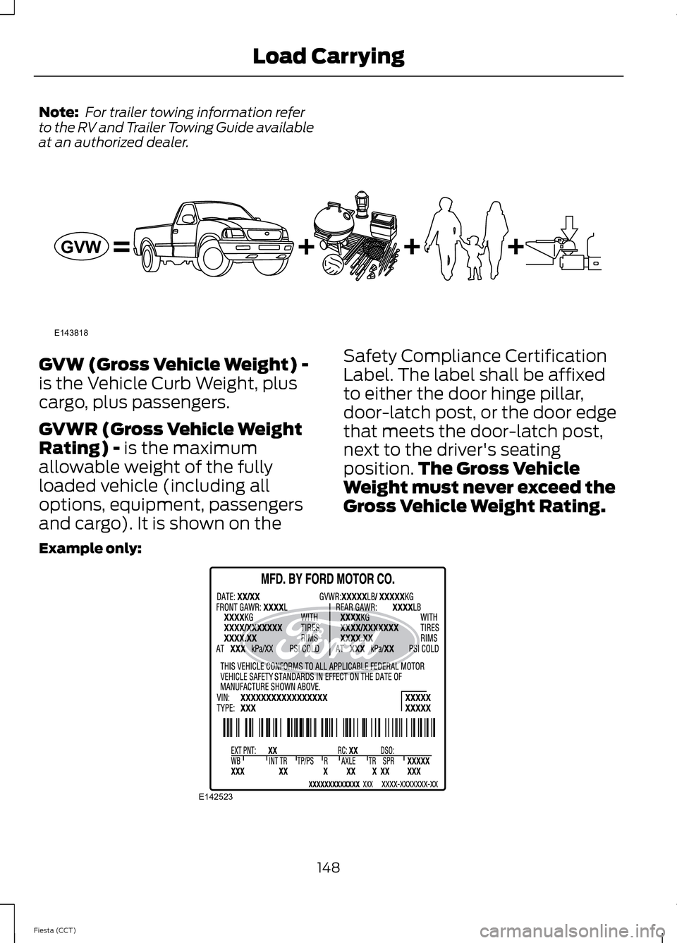 FORD FIESTA 2014 6.G Owners Manual Note:
 For trailer towing information refer
to the RV and Trailer Towing Guide available
at an authorized dealer. GVW (Gross Vehicle Weight) -
is the Vehicle Curb Weight, plus
cargo, plus passengers.
