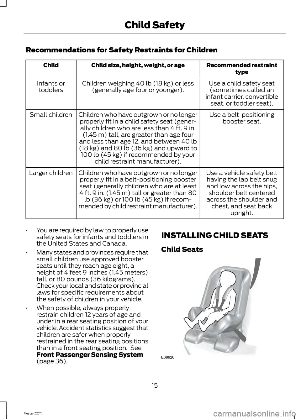 FORD FIESTA 2014 6.G Owners Manual Recommendations for Safety Restraints for Children
Recommended restraint
type
Child size, height, weight, or age
Child
Use a child safety seat(sometimes called an
infant carrier, convertible seat, or 