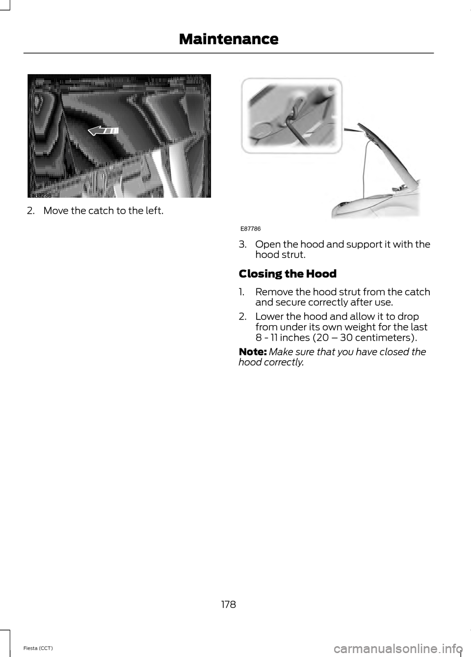 FORD FIESTA 2014 6.G Owners Manual 2. Move the catch to the left.
3.
Open the hood and support it with the
hood strut.
Closing the Hood
1. Remove the hood strut from the catch
and secure correctly after use.
2. Lower the hood and allow FORD FIESTA 2014 6.G Owners Manual 2. Move the catch to the left.
3.
Open the hood and support it with the
hood strut.
Closing the Hood
1. Remove the hood strut from the catch
and secure correctly after use.
2. Lower the hood and allow