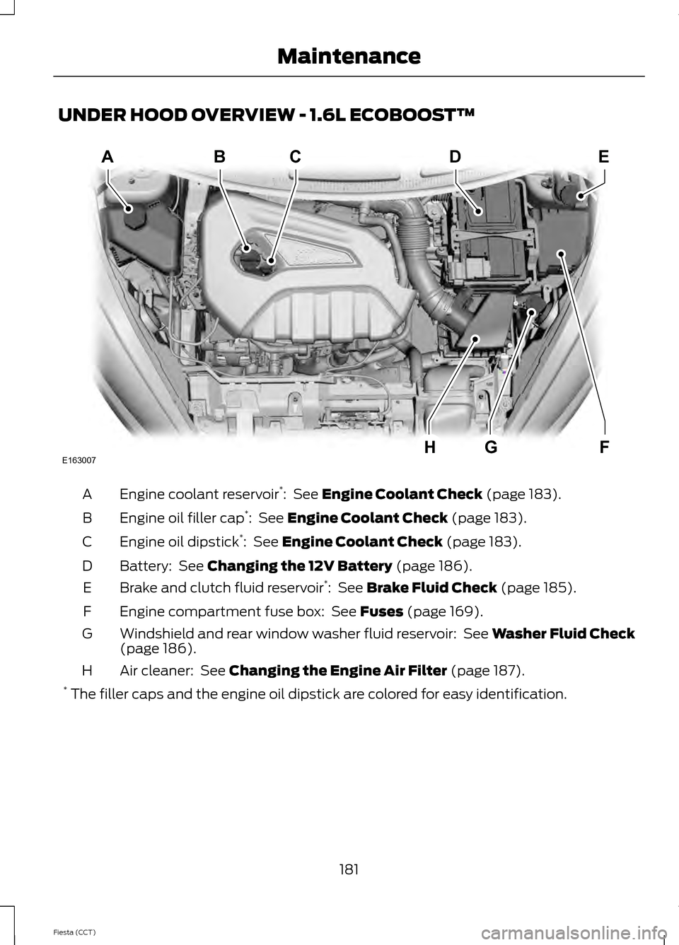 FORD FIESTA 2014 6.G Owners Manual UNDER HOOD OVERVIEW - 1.6L ECOBOOST™
Engine coolant reservoir
*
:  See Engine Coolant Check (page 183).
A
Engine oil filler cap *
: 
 See Engine Coolant Check (page 183).
B
Engine oil dipstick *
: 
