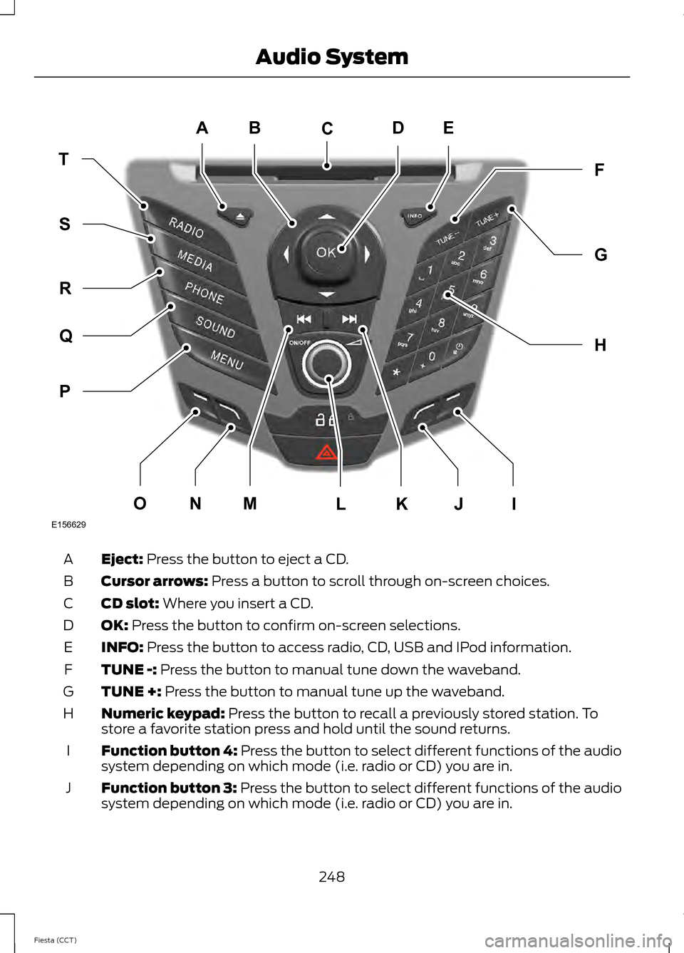 FORD FIESTA 2014 6.G Owners Manual Eject: Press the button to eject a CD.
A
Cursor arrows:
 Press a button to scroll through on-screen choices.
B
CD slot:
 Where you insert a CD.
C
OK:
 Press the button to confirm on-screen selections.