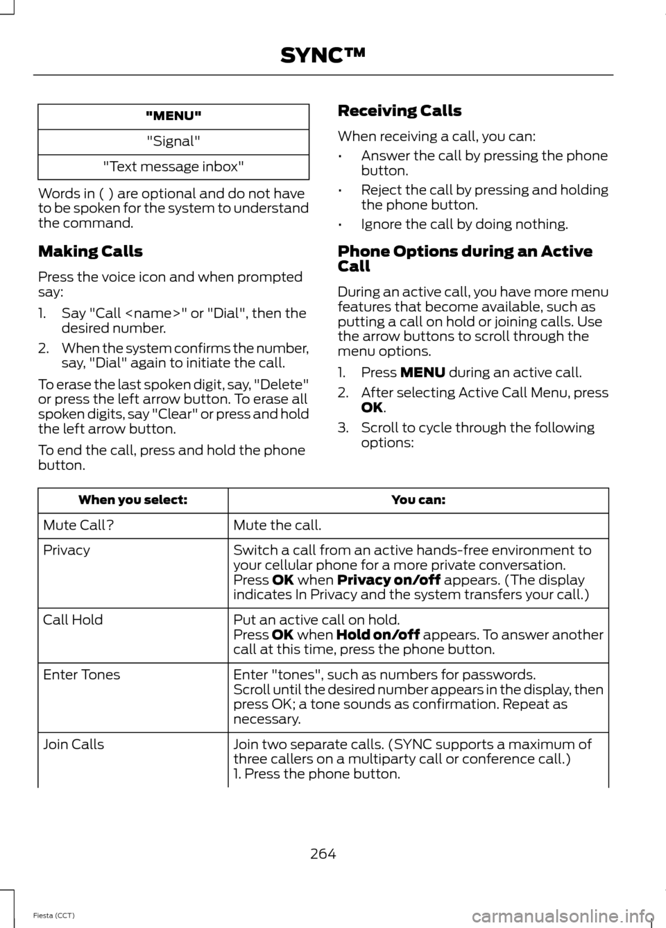 FORD FIESTA 2014 6.G Owners Manual "MENU"
"Signal"
"Text message inbox"
Words in ( ) are optional and do not have
to be spoken for the system to understand
the command.
Making Calls
Press the voice icon and when prompted
say:
1. Say "C FORD FIESTA 2014 6.G Owners Manual "MENU"
"Signal"
"Text message inbox"
Words in ( ) are optional and do not have
to be spoken for the system to understand
the command.
Making Calls
Press the voice icon and when prompted
say:
1. Say "C