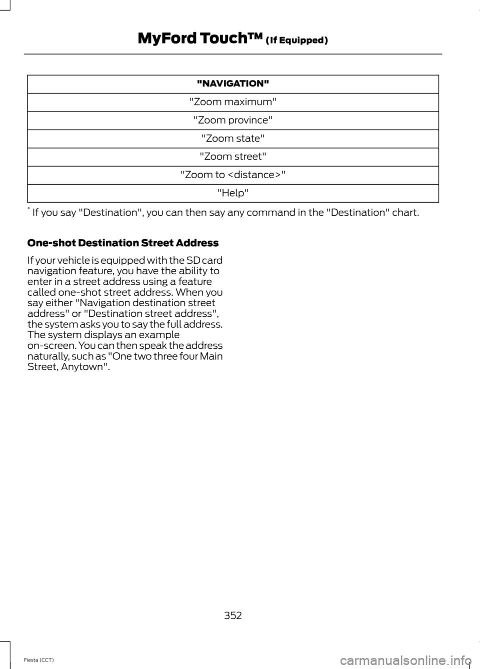 FORD FIESTA 2014 6.G Owners Manual "NAVIGATION"
"Zoom maximum" "Zoom province" "Zoom state"
"Zoom street"
"Zoom to <distance>" "Help"
*  If you say "Destination", you can then say any command in the "Destination" chart.
One-shot Destin