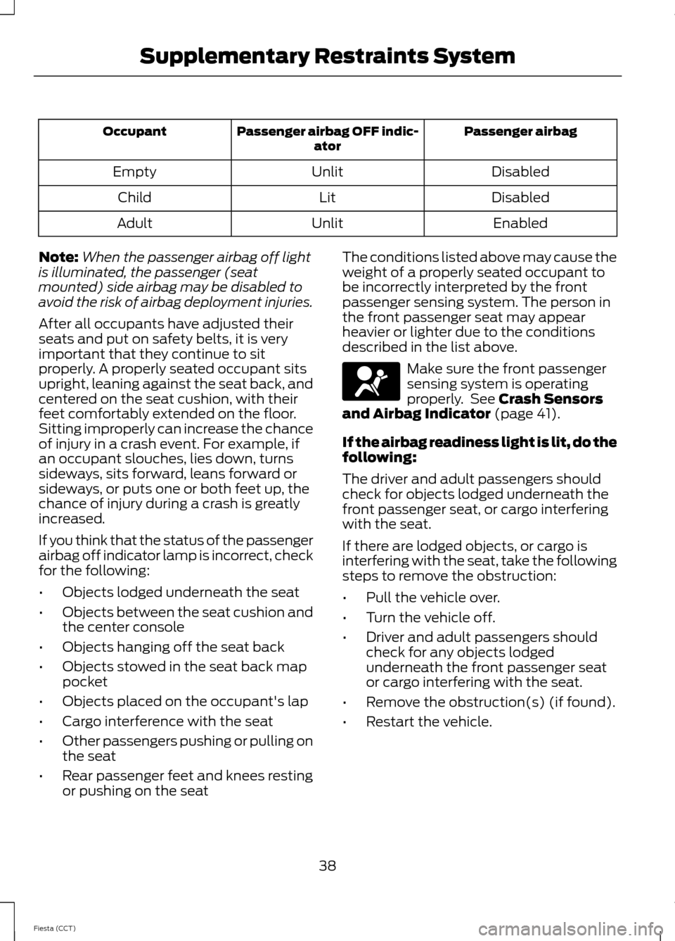 FORD FIESTA 2014 6.G Service Manual Passenger airbag
Passenger airbag OFF indic-
ator
Occupant
Disabled
Unlit
Empty
Disabled
Lit
Child
Enabled
Unlit
Adult
Note: When the passenger airbag off light
is illuminated, the passenger (seat
mou