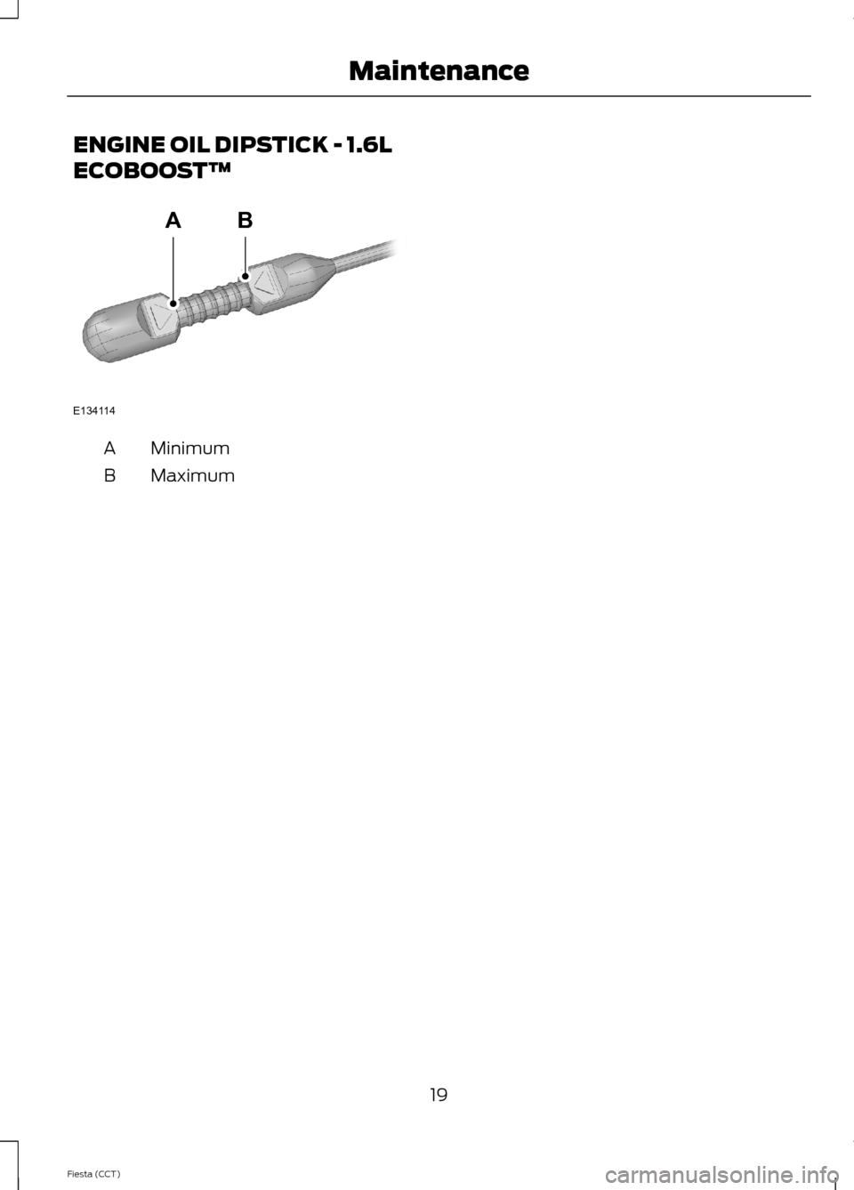 FORD FIESTA 2014 6.G ST Supplement Manual ENGINE OIL DIPSTICK - 1.6L
ECOBOOST™
MinimumA
MaximumB
19Fiesta (CCT)MaintenanceABE134114  