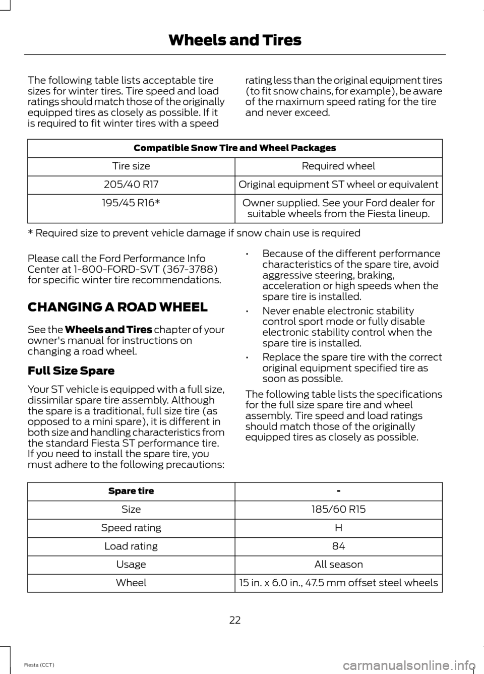 FORD FIESTA 2014 6.G ST Supplement Manual The following table lists acceptable tiresizes for winter tires. Tire speed and loadratings should match those of the originallyequipped tires as closely as possible. If itis required to fit winter ti