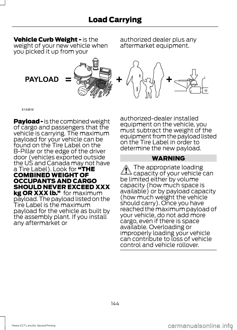 FORD FIESTA 2015 6.G Owners Manual Vehicle Curb Weight - is the
weight of your new vehicle when
you picked it up from your authorized dealer plus any
aftermarket equipment.Payload -
 is the combined weight
of cargo and passengers that 