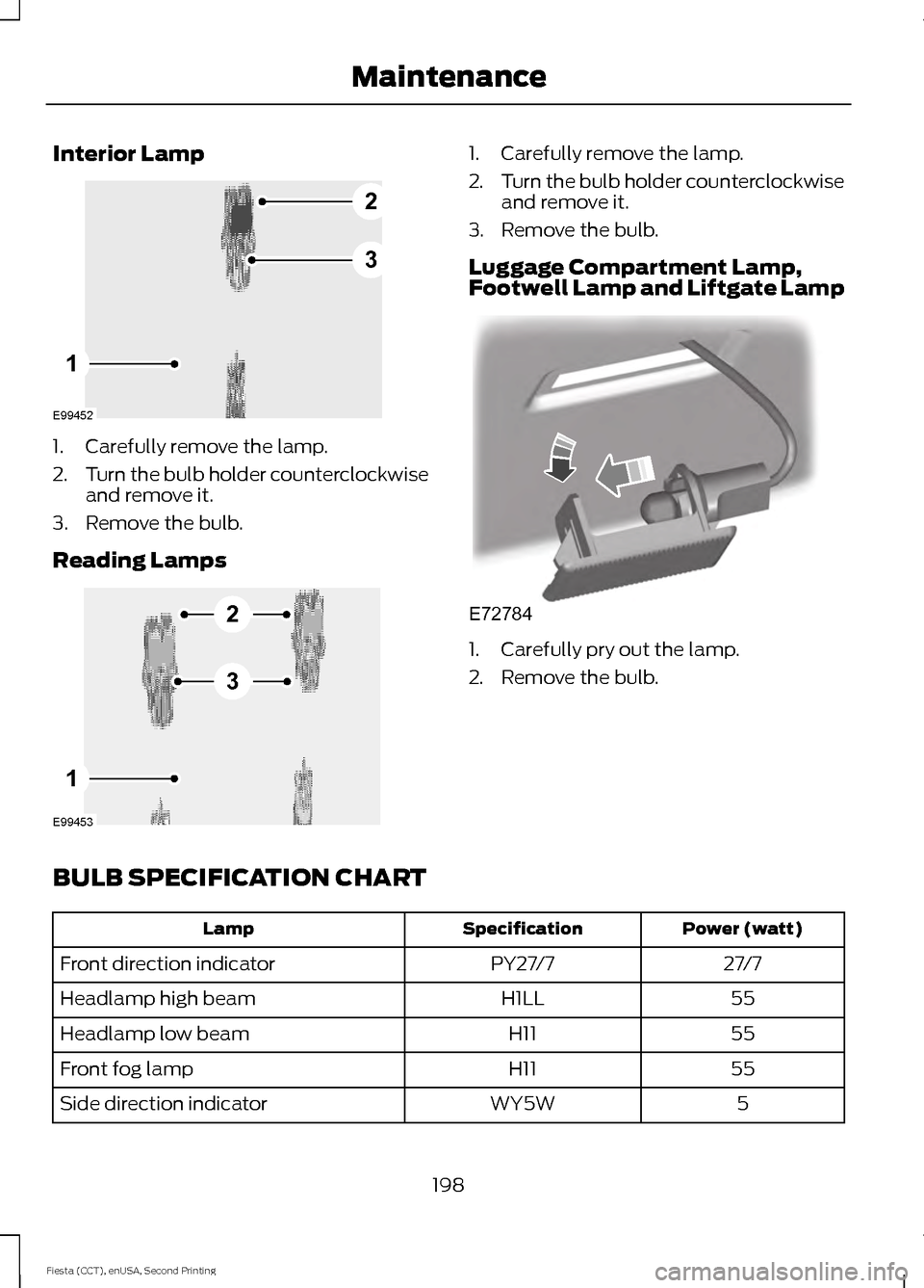 FORD FIESTA 2015 6.G Owners Manual Interior Lamp
1. Carefully remove the lamp.
2.
Turn the bulb holder counterclockwise
and remove it.
3. Remove the bulb.
Reading Lamps 1. Carefully remove the lamp.
2.
Turn the bulb holder counterclock