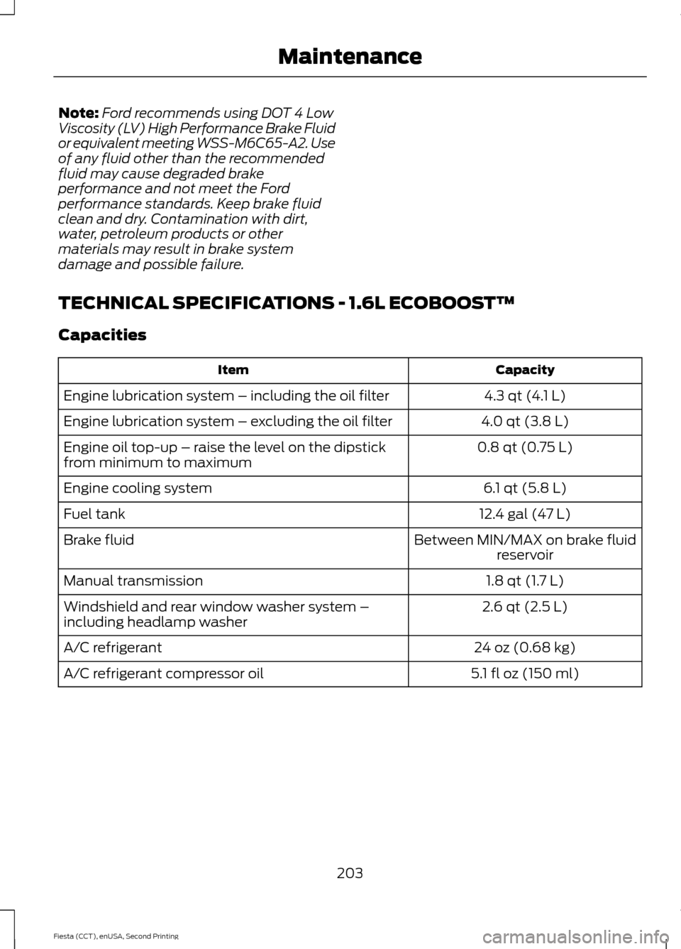 FORD FIESTA 2015 6.G Owners Manual Note:
Ford recommends using DOT 4 Low
Viscosity (LV) High Performance Brake Fluid
or equivalent meeting WSS-M6C65-A2. Use
of any fluid other than the recommended
fluid may cause degraded brake
perform FORD FIESTA 2015 6.G Owners Manual Note:
Ford recommends using DOT 4 Low
Viscosity (LV) High Performance Brake Fluid
or equivalent meeting WSS-M6C65-A2. Use
of any fluid other than the recommended
fluid may cause degraded brake
perform