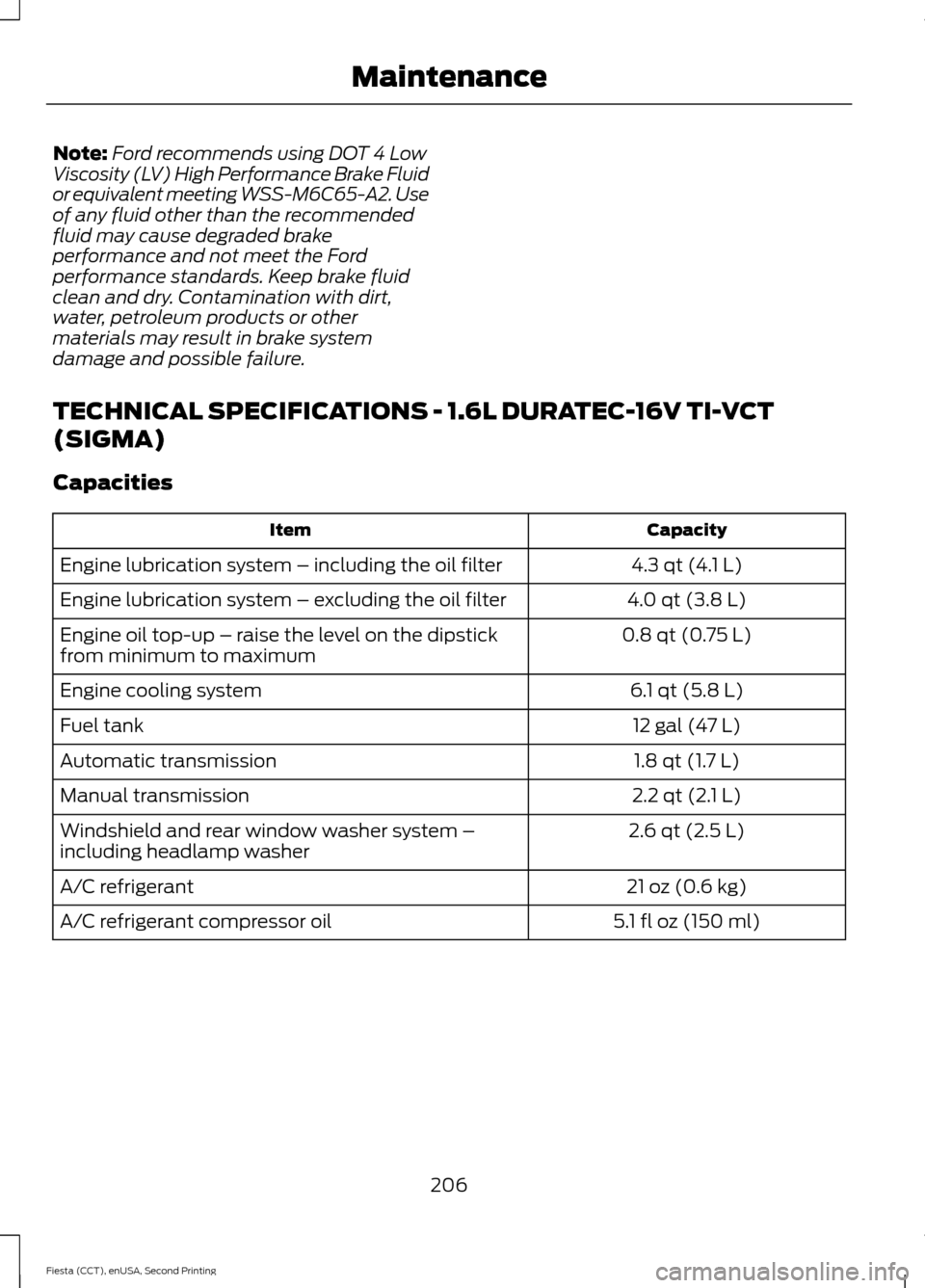 FORD FIESTA 2015 6.G Owners Manual Note:
Ford recommends using DOT 4 Low
Viscosity (LV) High Performance Brake Fluid
or equivalent meeting WSS-M6C65-A2. Use
of any fluid other than the recommended
fluid may cause degraded brake
perform FORD FIESTA 2015 6.G Owners Manual Note:
Ford recommends using DOT 4 Low
Viscosity (LV) High Performance Brake Fluid
or equivalent meeting WSS-M6C65-A2. Use
of any fluid other than the recommended
fluid may cause degraded brake
perform