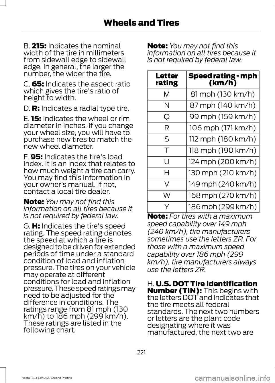FORD FIESTA 2015 6.G Owners Manual B.
215: Indicates the nominal
width of the tire in millimeters
from sidewall edge to sidewall
edge. In general, the larger the
number, the wider the tire.
C. 65:
Indicates the aspect ratio
which give FORD FIESTA 2015 6.G Owners Manual B.
215: Indicates the nominal
width of the tire in millimeters
from sidewall edge to sidewall
edge. In general, the larger the
number, the wider the tire.
C. 65:
Indicates the aspect ratio
which give