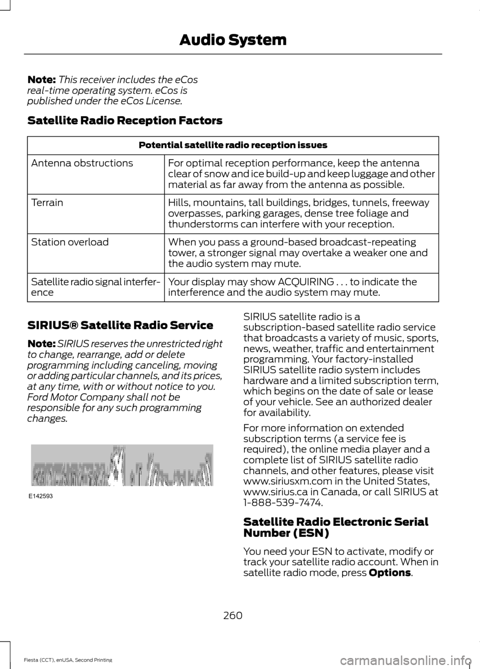 FORD FIESTA 2015 6.G Owners Manual Note:
This receiver includes the eCos
real-time operating system. eCos is
published under the eCos License.
Satellite Radio Reception Factors Potential satellite radio reception issues
For optimal rec