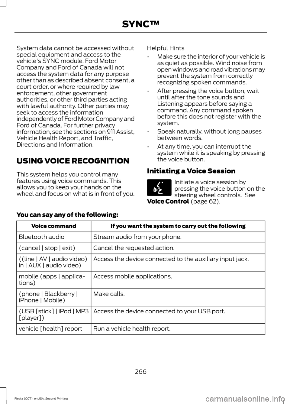 FORD FIESTA 2015 6.G Owners Manual System data cannot be accessed without
special equipment and access to the
vehicles SYNC module. Ford Motor
Company and Ford of Canada will not
access the system data for any purpose
other than as de FORD FIESTA 2015 6.G Owners Manual System data cannot be accessed without
special equipment and access to the
vehicles SYNC module. Ford Motor
Company and Ford of Canada will not
access the system data for any purpose
other than as de