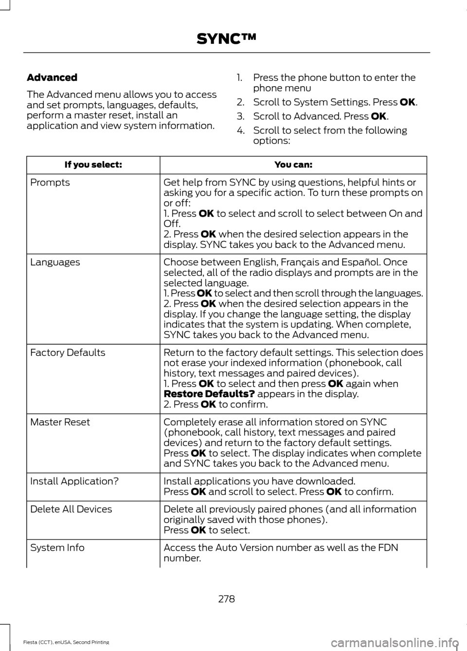 FORD FIESTA 2015 6.G Owners Manual Advanced
The Advanced menu allows you to access
and set prompts, languages, defaults,
perform a master reset, install an
application and view system information.
1. Press the phone button to enter the