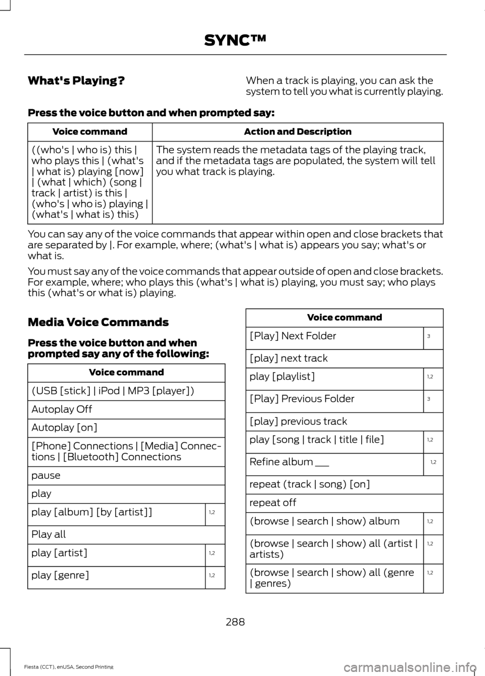 FORD FIESTA 2015 6.G Owners Manual Whats Playing?
When a track is playing, you can ask the
system to tell you what is currently playing.
Press the voice button and when prompted say: Action and Description
Voice command
The system rea