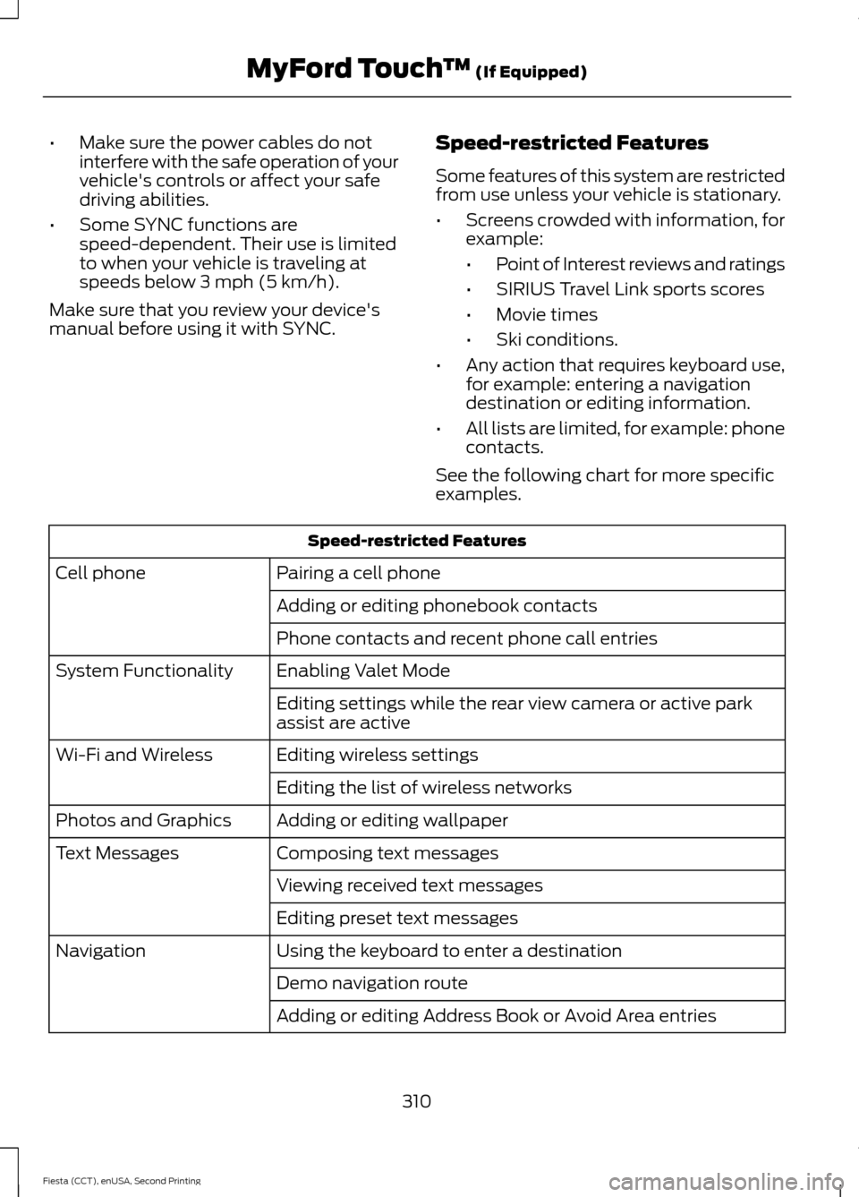 FORD FIESTA 2015 6.G Owners Manual •
Make sure the power cables do not
interfere with the safe operation of your
vehicles controls or affect your safe
driving abilities.
• Some SYNC functions are
speed-dependent. Their use is limi