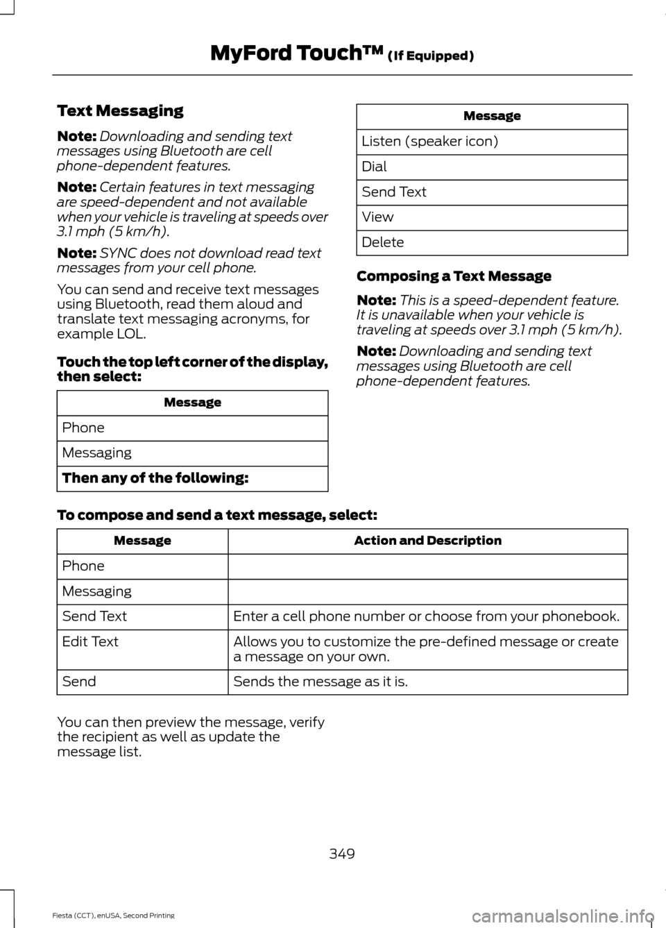 FORD FIESTA 2015 6.G Owners Manual Text Messaging
Note:
Downloading and sending text
messages using Bluetooth are cell
phone-dependent features.
Note: Certain features in text messaging
are speed-dependent and not available
when your v FORD FIESTA 2015 6.G Owners Manual Text Messaging
Note:
Downloading and sending text
messages using Bluetooth are cell
phone-dependent features.
Note: Certain features in text messaging
are speed-dependent and not available
when your v