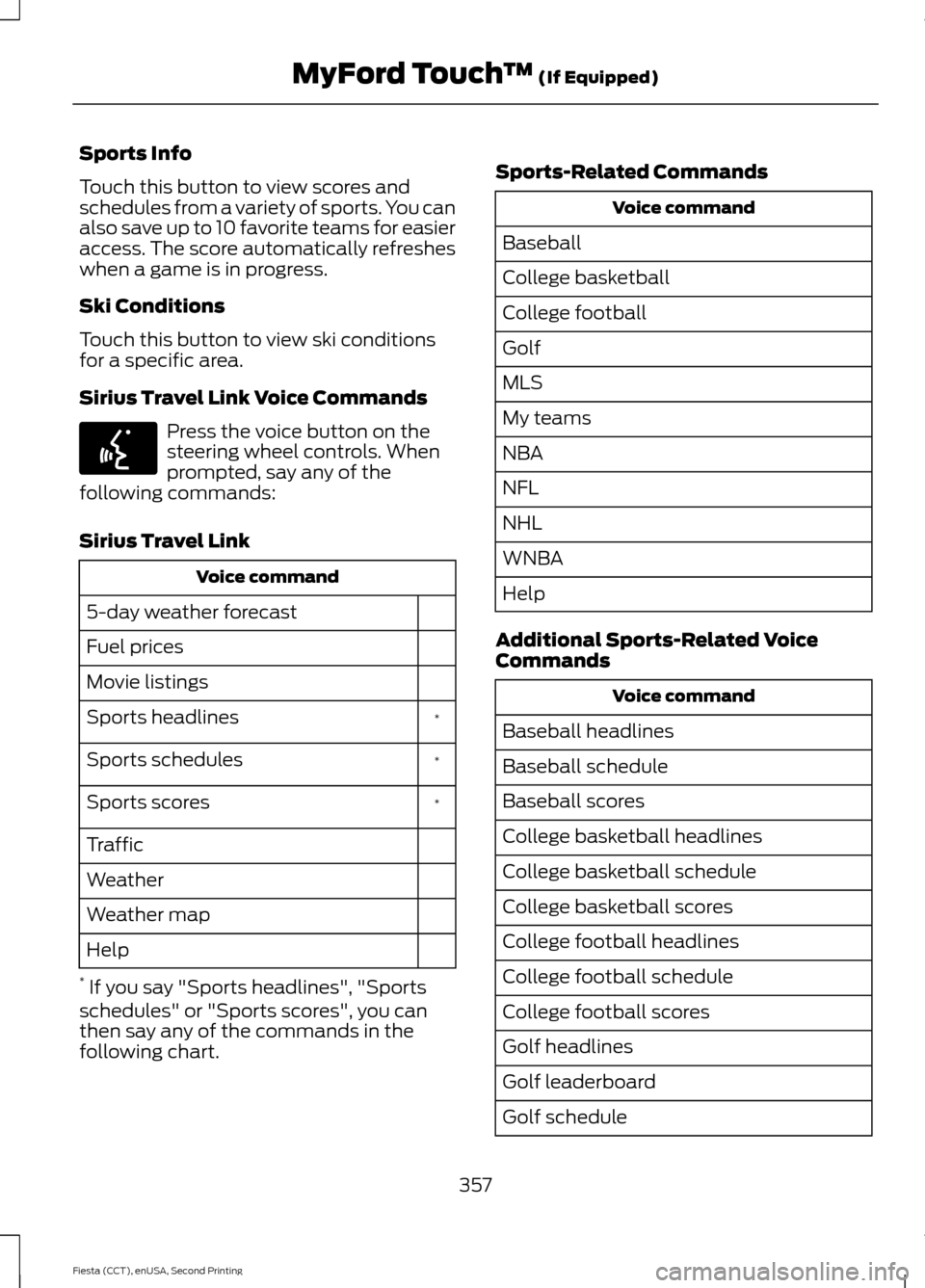 FORD FIESTA 2015 6.G Owners Manual Sports Info
Touch this button to view scores and
schedules from a variety of sports. You can
also save up to 10 favorite teams for easier
access. The score automatically refreshes
when a game is in pr FORD FIESTA 2015 6.G Owners Manual Sports Info
Touch this button to view scores and
schedules from a variety of sports. You can
also save up to 10 favorite teams for easier
access. The score automatically refreshes
when a game is in pr