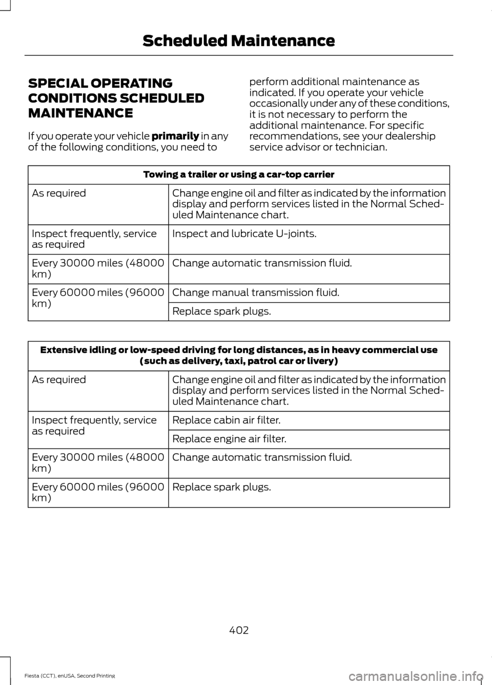 FORD FIESTA 2015 6.G Owners Manual SPECIAL OPERATING
CONDITIONS SCHEDULED
MAINTENANCE
If you operate your vehicle primarily in any
of the following conditions, you need to perform additional maintenance as
indicated. If you operate you FORD FIESTA 2015 6.G Owners Manual SPECIAL OPERATING
CONDITIONS SCHEDULED
MAINTENANCE
If you operate your vehicle primarily in any
of the following conditions, you need to perform additional maintenance as
indicated. If you operate you