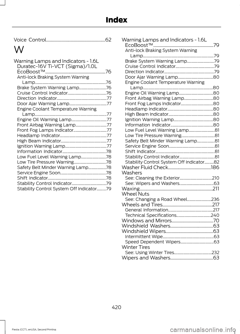 FORD FIESTA 2015 6.G Owners Guide Voice Control...................................................62
W
Warning Lamps and Indicators - 1.6L
Duratec-16V Ti-VCT (Sigma)/1.0L
EcoBoost™....................................................