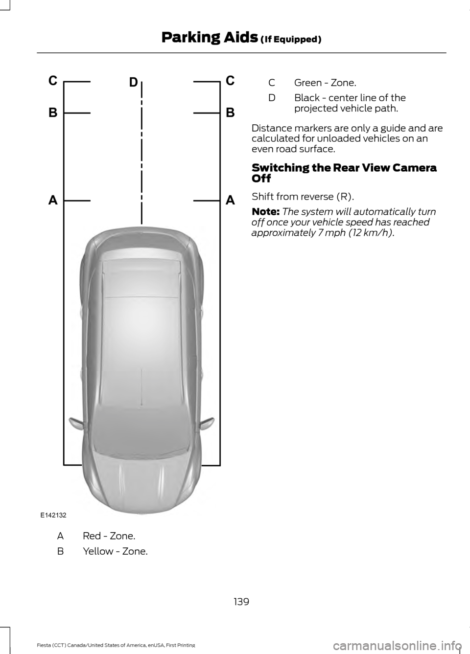 FORD FIESTA 2016 6.G Owners Manual Red - Zone.
A
Yellow - Zone.
B Green - Zone.
C
Black - center line of the
projected vehicle path.
D
Distance markers are only a guide and are
calculated for unloaded vehicles on an
even road surface.
FORD FIESTA 2016 6.G Owners Manual Red - Zone.
A
Yellow - Zone.
B Green - Zone.
C
Black - center line of the
projected vehicle path.
D
Distance markers are only a guide and are
calculated for unloaded vehicles on an
even road surface.