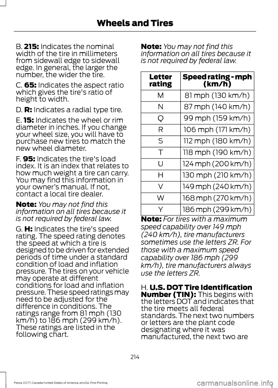FORD FIESTA 2016 6.G Owners Manual B.
215: Indicates the nominal
width of the tire in millimeters
from sidewall edge to sidewall
edge. In general, the larger the
number, the wider the tire.
C. 65:
Indicates the aspect ratio
which give FORD FIESTA 2016 6.G Owners Manual B.
215: Indicates the nominal
width of the tire in millimeters
from sidewall edge to sidewall
edge. In general, the larger the
number, the wider the tire.
C. 65:
Indicates the aspect ratio
which give