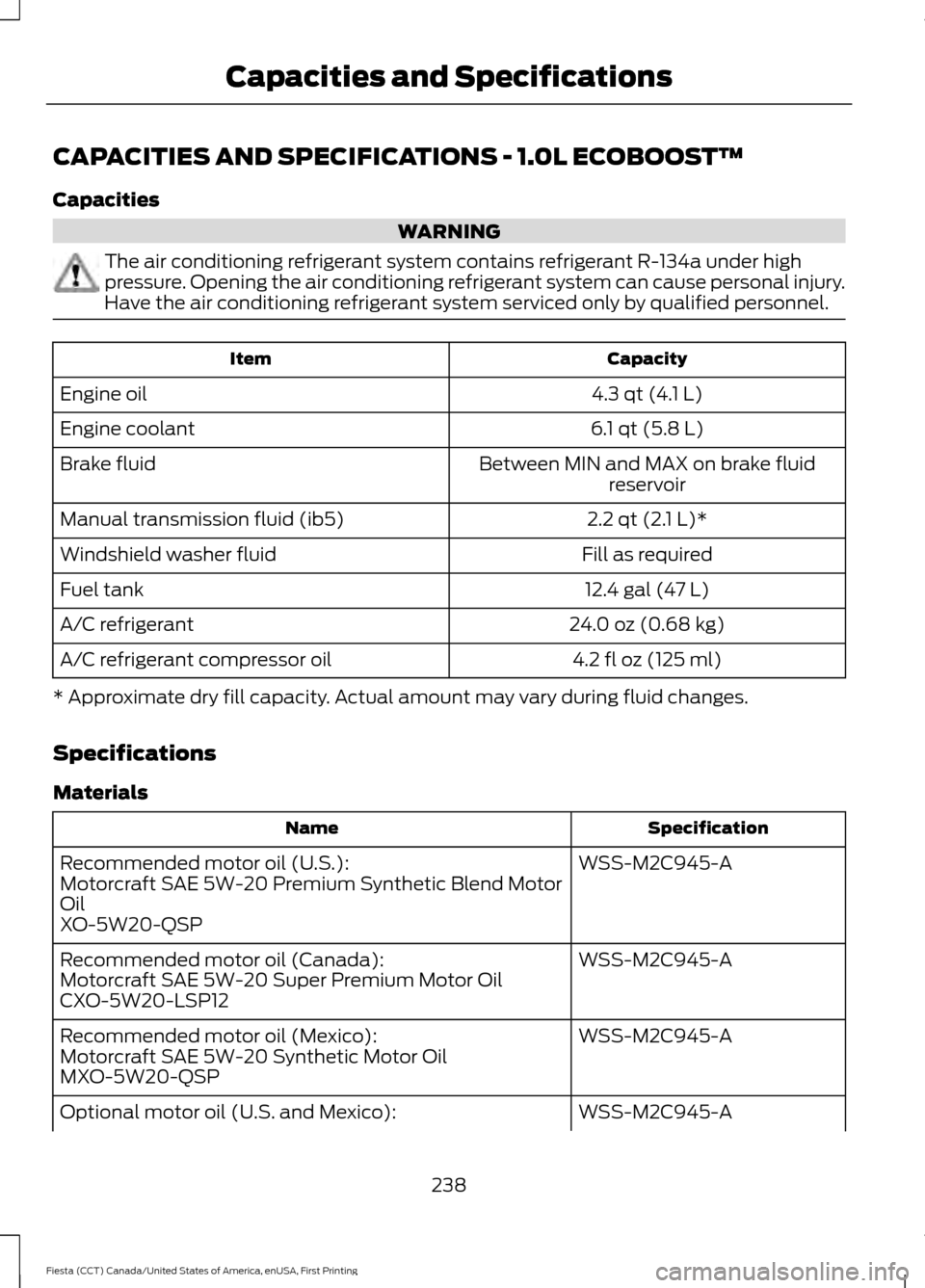 FORD FIESTA 2016 6.G Owners Manual CAPACITIES AND SPECIFICATIONS - 1.0L ECOBOOST™
Capacities
WARNING
The air conditioning refrigerant system contains refrigerant R-134a under high
pressure. Opening the air conditioning refrigerant sy FORD FIESTA 2016 6.G Owners Manual CAPACITIES AND SPECIFICATIONS - 1.0L ECOBOOST™
Capacities
WARNING
The air conditioning refrigerant system contains refrigerant R-134a under high
pressure. Opening the air conditioning refrigerant sy