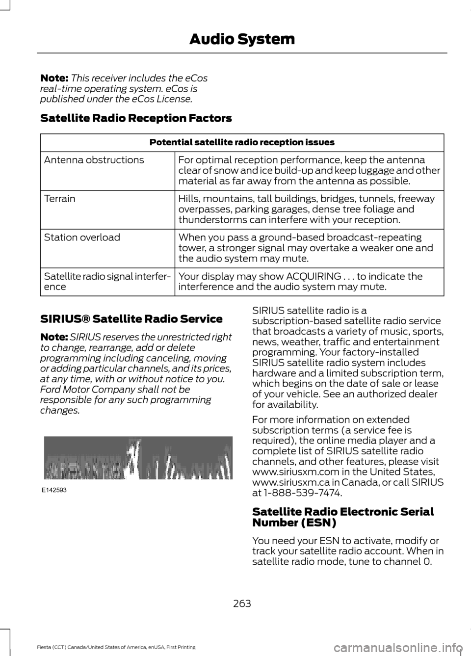 FORD FIESTA 2016 6.G Owners Manual Note:
This receiver includes the eCos
real-time operating system. eCos is
published under the eCos License.
Satellite Radio Reception Factors Potential satellite radio reception issues
For optimal rec