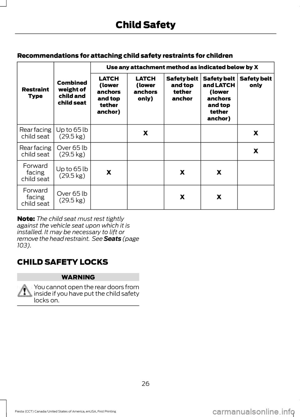 FORD FIESTA 2016 6.G Owners Manual Recommendations for attaching child safety restraints for children
Use any attachment method as indicated below by X
Combined weight ofchild and
child seat
Restraint
Type Safety belt
only
Safety belt
FORD FIESTA 2016 6.G Owners Manual Recommendations for attaching child safety restraints for children
Use any attachment method as indicated below by X
Combined weight ofchild and
child seat
Restraint
Type Safety belt
only
Safety belt