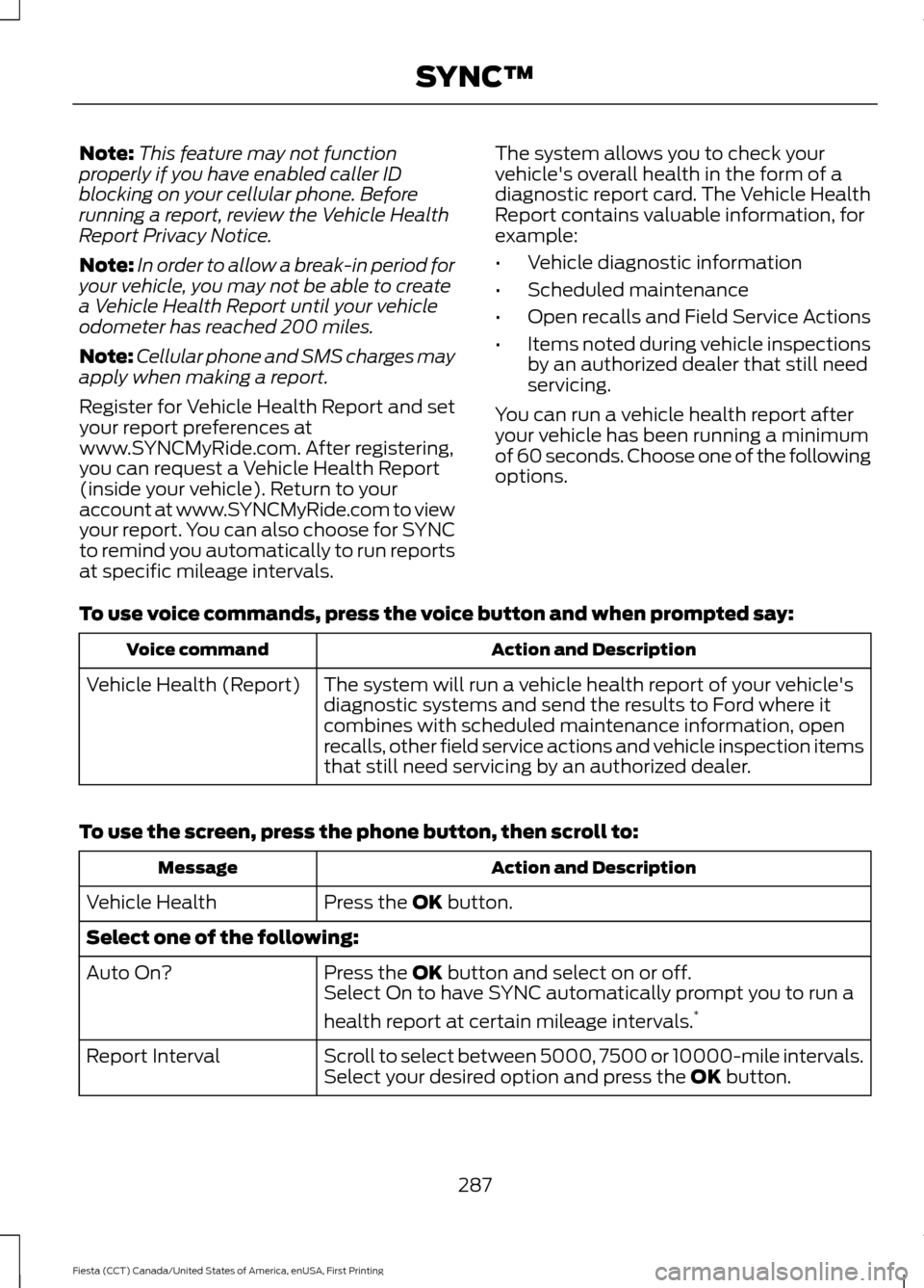 FORD FIESTA 2016 6.G Owners Manual Note:
This feature may not function
properly if you have enabled caller ID
blocking on your cellular phone. Before
running a report, review the Vehicle Health
Report Privacy Notice.
Note: In order to 