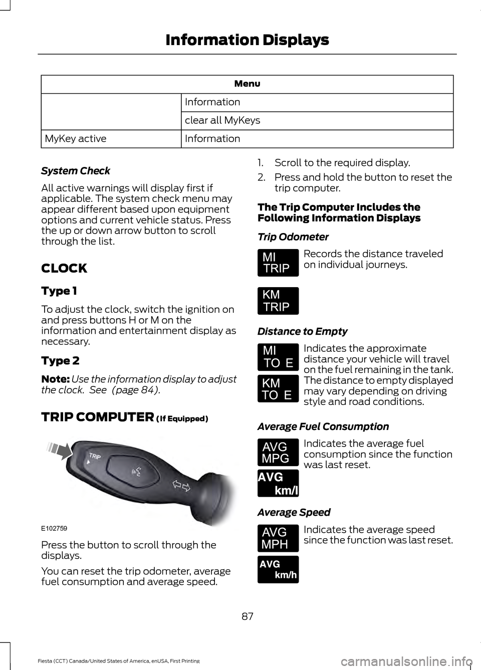 FORD FIESTA 2016 6.G Manual Online Menu
Information
clear all MyKeys
Information
MyKey active
System Check
All active warnings will display first if
applicable. The system check menu may
appear different based upon equipment
options an FORD FIESTA 2016 6.G Manual Online Menu
Information
clear all MyKeys
Information
MyKey active
System Check
All active warnings will display first if
applicable. The system check menu may
appear different based upon equipment
options an