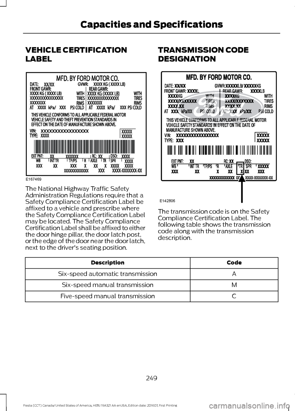 FORD FIESTA 2017 6.G Owners Manual VEHICLE CERTIFICATION
LABEL
The National Highway Traffic Safety
Administration Regulations require that a
Safety Compliance Certification Label be
affixed to a vehicle and prescribe where
the Safety C FORD FIESTA 2017 6.G Owners Manual VEHICLE CERTIFICATION
LABEL
The National Highway Traffic Safety
Administration Regulations require that a
Safety Compliance Certification Label be
affixed to a vehicle and prescribe where
the Safety C