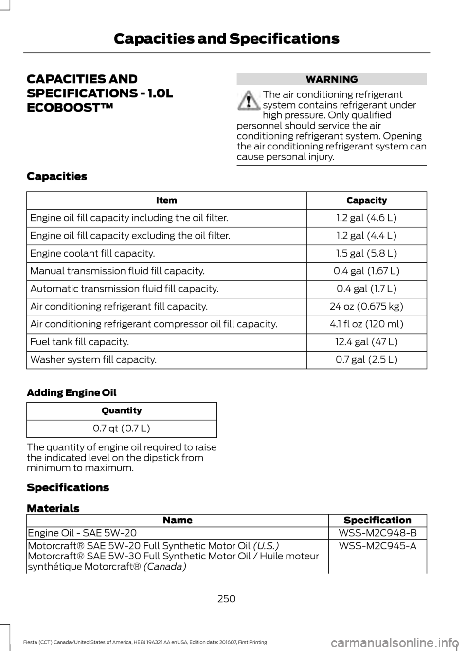 FORD FIESTA 2017 6.G Owners Manual CAPACITIES AND
SPECIFICATIONS - 1.0L
ECOBOOST™ WARNING
The air conditioning refrigerant
system contains refrigerant under
high pressure. Only qualified
personnel should service the air
conditioning 